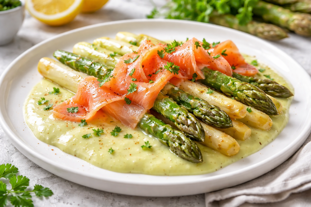 Spargel mit Räucherlachs auf cremiger Avocado-Hollandaise, angerichtet auf einem weißen Teller mit grünem und weißem Spargel, frischer Petersilie und Zitronenscheiben im Hintergrund.