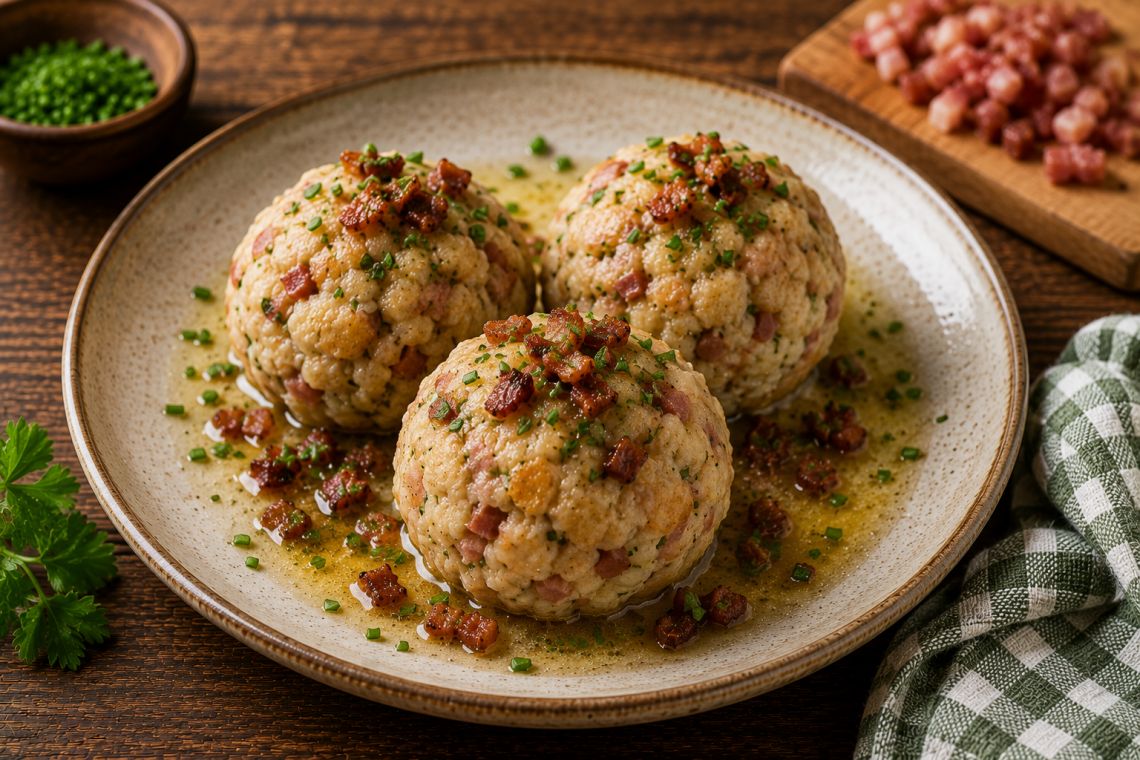 Traditionelle Tiroler Speckknödel mit würzigem Speck und frischen Kräutern, serviert in zerlassener Butter und garniert mit knusprigen Speckwürfeln sowie Schnittlauch auf einem rustikalen Teller.