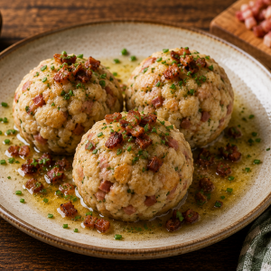 Traditionelle Tiroler Speckknödel mit würzigem Speck und frischen Kräutern, serviert in zerlassener Butter und garniert mit knusprigen Speckwürfeln sowie Schnittlauch auf einem rustikalen Teller.