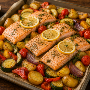 Ofengemüse mit saftigem Lachsfilet, Kartoffeln, Zucchini, Paprika, roten Zwiebeln und Cherrytomaten aus dem Backofen, verfeinert mit Kräutern und frischen Zitronenscheiben auf einem Backblech serviert.