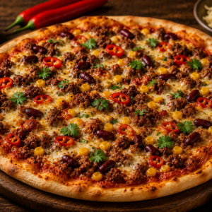 Pizza Chili con Carne mit würzigem Hackfleisch, Kidneybohnen, Mais, Peperonischeiben und geschmolzenem Käse auf knusprigem Pizzateig, frisch gebacken und mit Kräutern garniert.