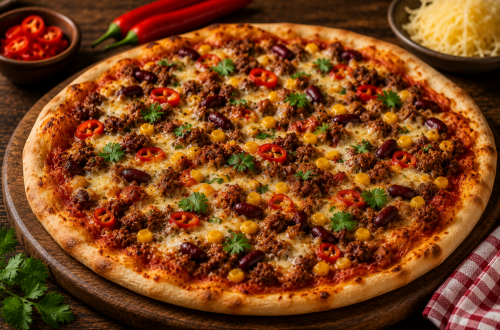 Pizza Chili con Carne mit würzigem Hackfleisch, Kidneybohnen, Mais, Peperonischeiben und geschmolzenem Käse auf knusprigem Pizzateig, frisch gebacken und mit Kräutern garniert.