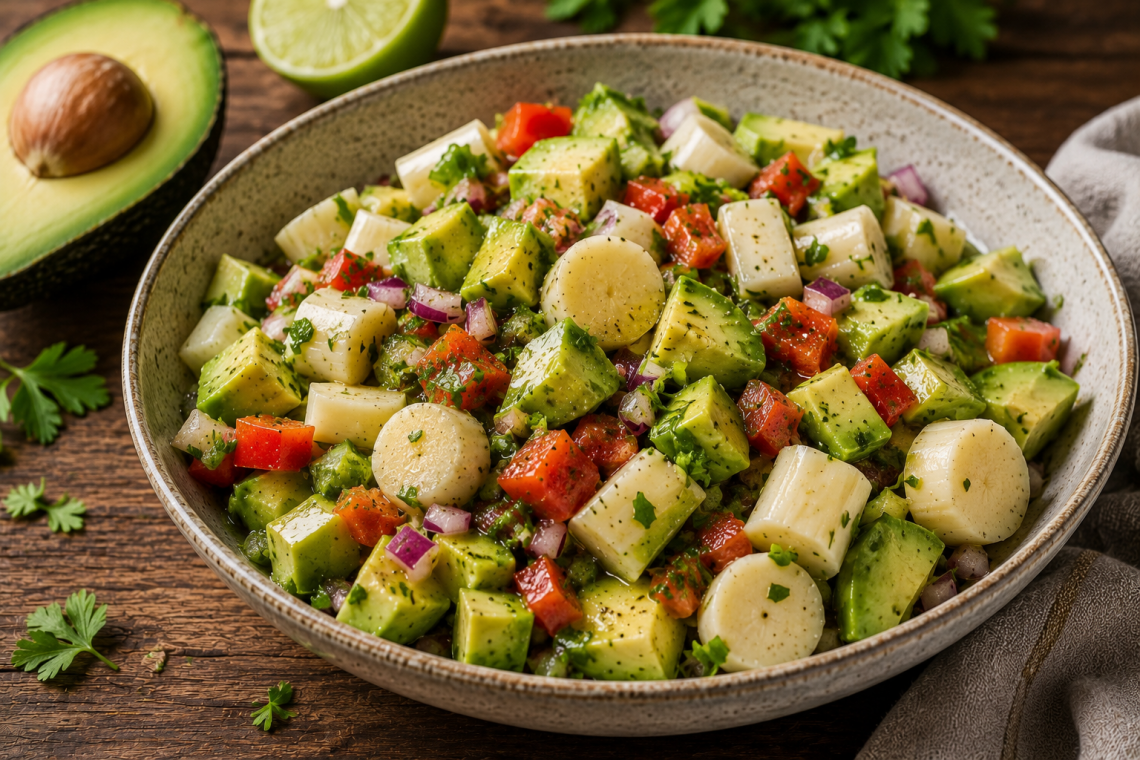 Frischer Avocadosalat mit Palmenherzen, Paprika, roten Zwiebeln und Kräutern in einem leichten Dressing, serviert in einer rustikalen Schale auf einem Holztisch.