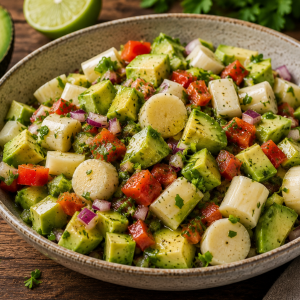 Frischer Avocadosalat mit Palmenherzen, Paprika, roten Zwiebeln und Kräutern in einem leichten Dressing, serviert in einer rustikalen Schale auf einem Holztisch.