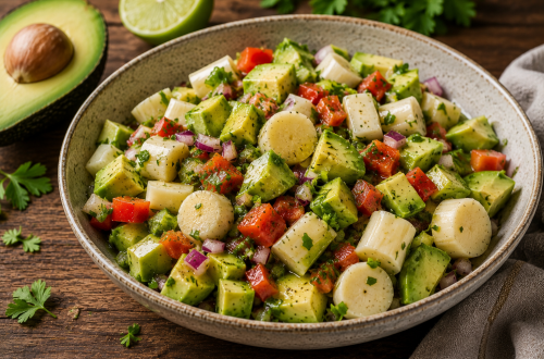 Frischer Avocadosalat mit Palmenherzen, Paprika, roten Zwiebeln und Kräutern in einem leichten Dressing, serviert in einer rustikalen Schale auf einem Holztisch.