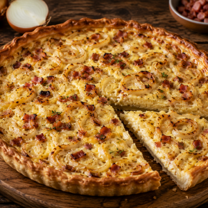 Hausgemachter Zwiebelkuchen mit goldbraun gebackenem Teig, cremiger Zwiebelmasse und knusprigen Speckwürfeln, frisch angeschnitten auf einem rustikalen Holzbrett serviert.