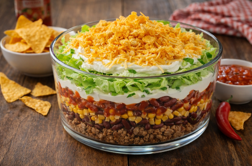 Schichtsalat Chili con Carne mit Hackfleisch, Kidneybohnen, Mais, Salsa, Eisbergsalat, Creme fraîche, geriebenem Gouda und Nachos in einer Glasschüssel auf rustikalem Holztisch