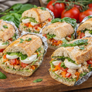 Gefülltes Baguette mit Hähnchenbrust, Mozzarella, Tomaten, Möhren, Eisbergsalat und frischem Basilikum auf einem rustikalen Holztisch, in Scheiben geschnitten, ohne Text, im Querformat.