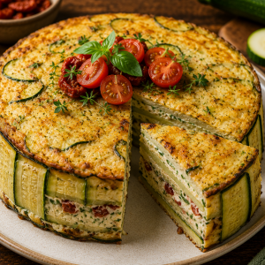 Pikante Zucchinitorte mit zarten Zucchinischeiben, cremiger Kräuterfüllung und getrockneten Tomaten, goldbraun gebacken und angeschnitten auf einem rustikalen Servierteller präsentiert.