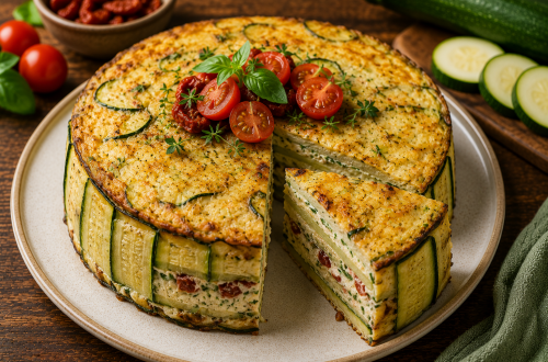 Pikante Zucchinitorte mit zarten Zucchinischeiben, cremiger Kräuterfüllung und getrockneten Tomaten, goldbraun gebacken und angeschnitten auf einem rustikalen Servierteller präsentiert.
