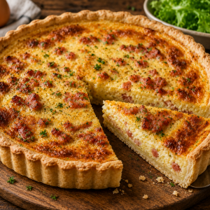 Klassische Quiche Lorraine mit knusprigem Mürbeteig, cremiger Eier-Sahne-Füllung und herzhaften Speckwürfeln, goldbraun gebacken und frisch angeschnitten auf einem rustikalen Holzbrett serviert.
