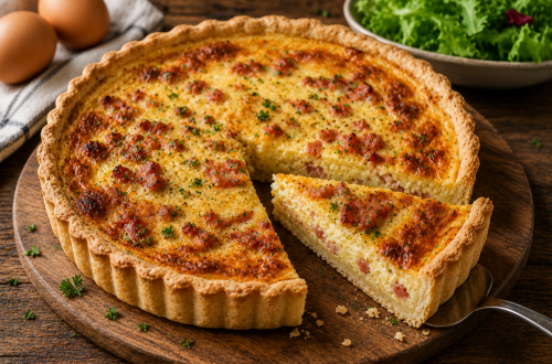Klassische Quiche Lorraine mit knusprigem Mürbeteig, cremiger Eier-Sahne-Füllung und herzhaften Speckwürfeln, goldbraun gebacken und frisch angeschnitten auf einem rustikalen Holzbrett serviert.
