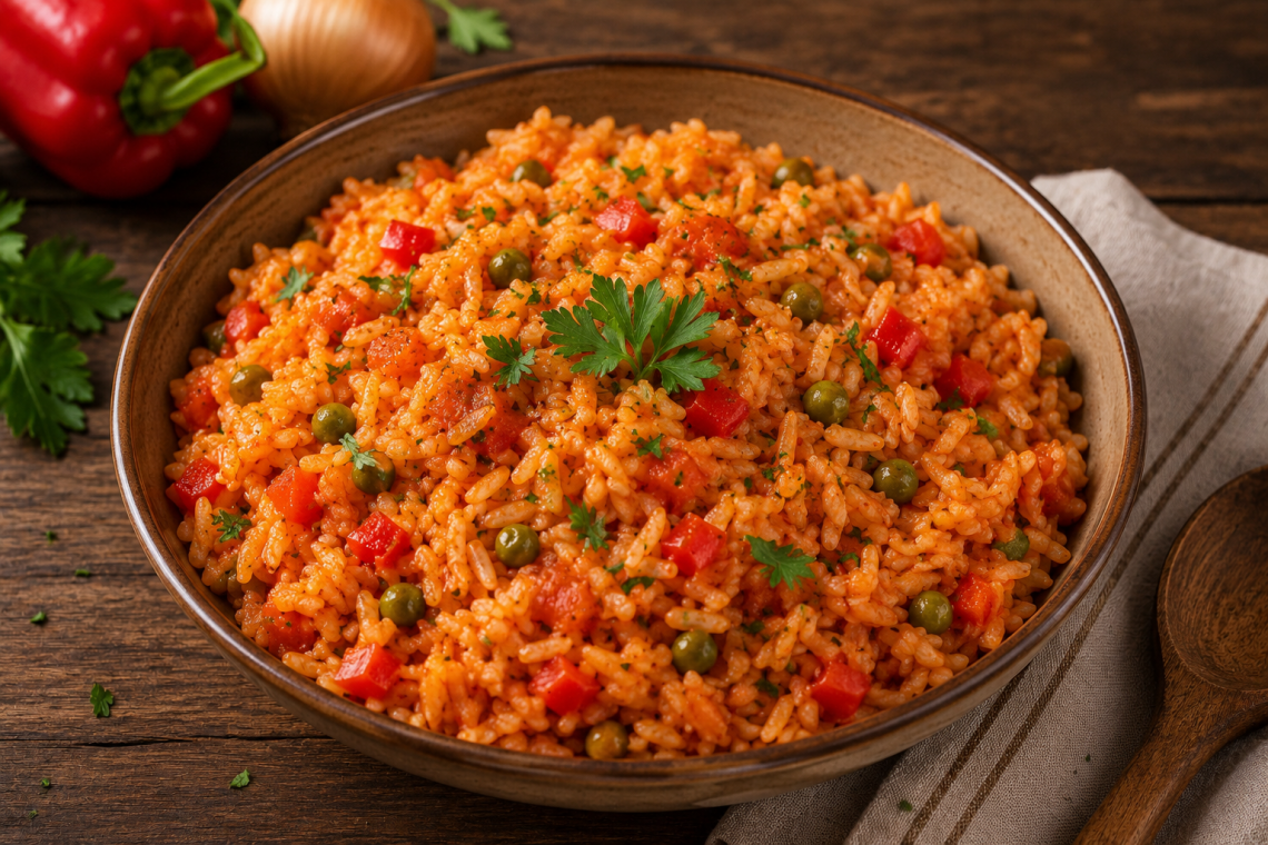 Aromatischer Djuvec-Reis mit Paprika, Erbsen und Tomaten, locker gegart und mit frischer Petersilie verfeinert, serviert in einer rustikalen Schale auf einem Holztisch.