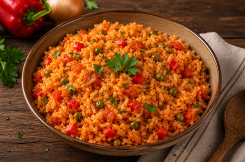 Aromatischer Djuvec-Reis mit Paprika, Erbsen und Tomaten, locker gegart und mit frischer Petersilie verfeinert, serviert in einer rustikalen Schale auf einem Holztisch.