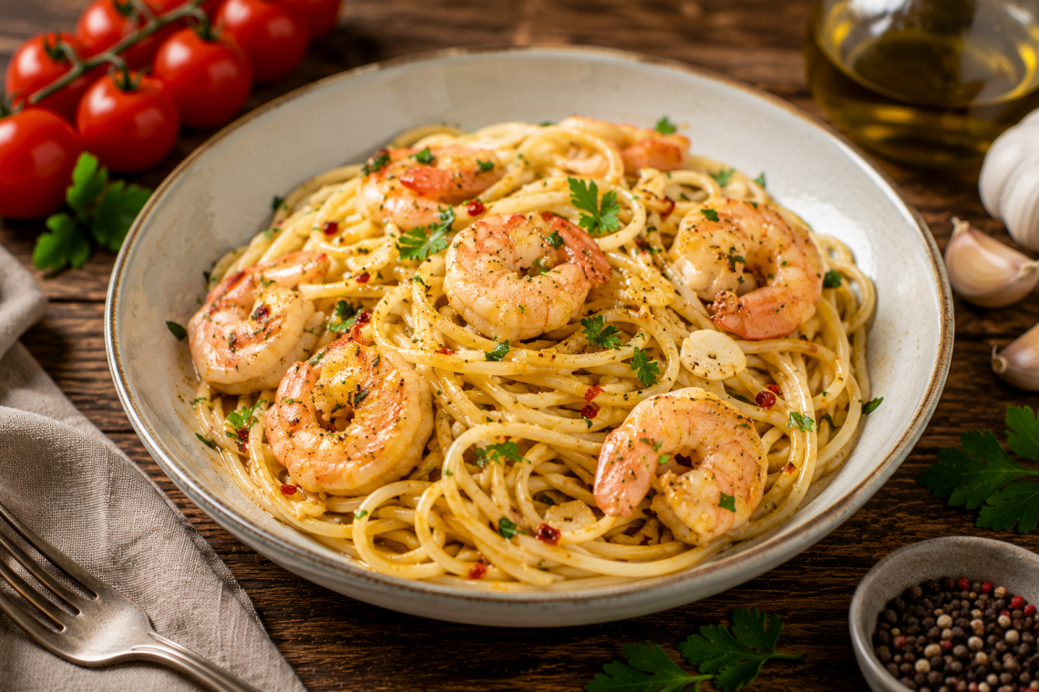 Spaghetti mit saftigen Garnelen, Knoblauch, frischen Kräutern und einer aromatischen Olivenöl-Sauce, serviert in einer rustikalen Schale mit mediterranen Zutaten auf Holztisch.