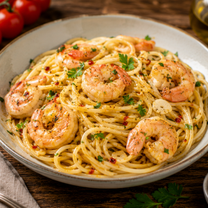 Spaghetti mit saftigen Garnelen, Knoblauch, frischen Kräutern und einer aromatischen Olivenöl-Sauce, serviert in einer rustikalen Schale mit mediterranen Zutaten auf Holztisch.