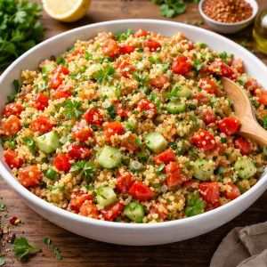 Fotorealistischer türkischer Bulgursalat mit Tomaten, Gurke, Paprika und frischen Kräutern in einer weißen Schüssel auf rustikalem Holztisch.