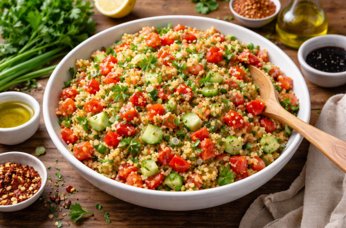 Fotorealistischer türkischer Bulgursalat mit Tomaten, Gurke, Paprika und frischen Kräutern in einer weißen Schüssel auf rustikalem Holztisch.