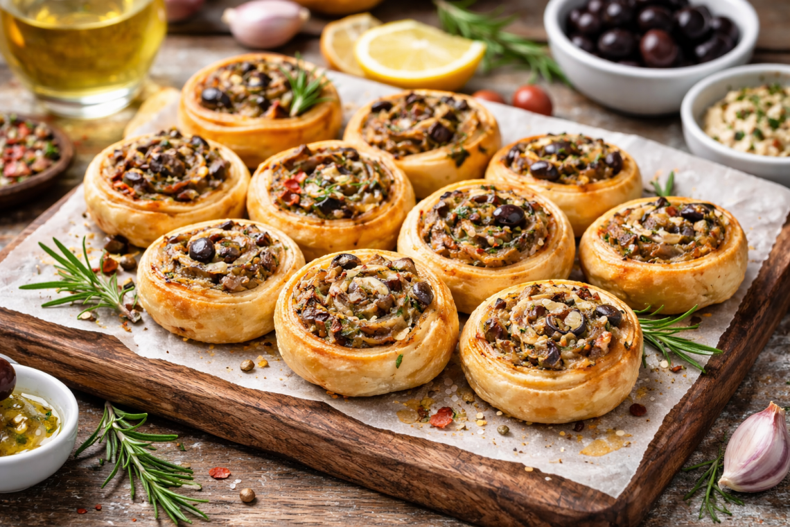 Fotorealistisches Food-Foto von goldbraun gebackenen Olivenschnecken aus Blätterteig mit schwarzer Olive, Sardellen, Knoblauch und mediterranen Kräutern, angerichtet auf einem rustikalen Holzbrett, warmes natürliches Licht, Querformat.