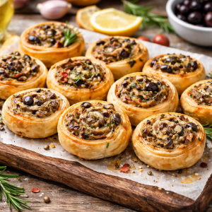 Fotorealistisches Food-Foto von goldbraun gebackenen Olivenschnecken aus Blätterteig mit schwarzer Olive, Sardellen, Knoblauch und mediterranen Kräutern, angerichtet auf einem rustikalen Holzbrett, warmes natürliches Licht, Querformat.
