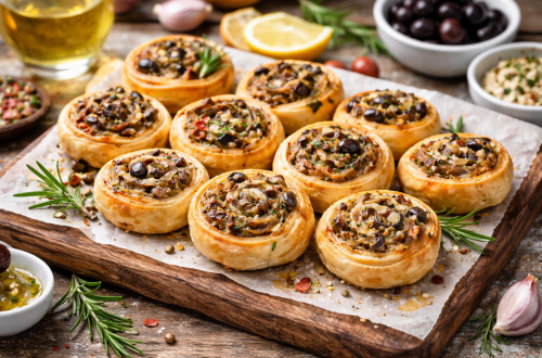Fotorealistisches Food-Foto von goldbraun gebackenen Olivenschnecken aus Blätterteig mit schwarzer Olive, Sardellen, Knoblauch und mediterranen Kräutern, angerichtet auf einem rustikalen Holzbrett, warmes natürliches Licht, Querformat.
