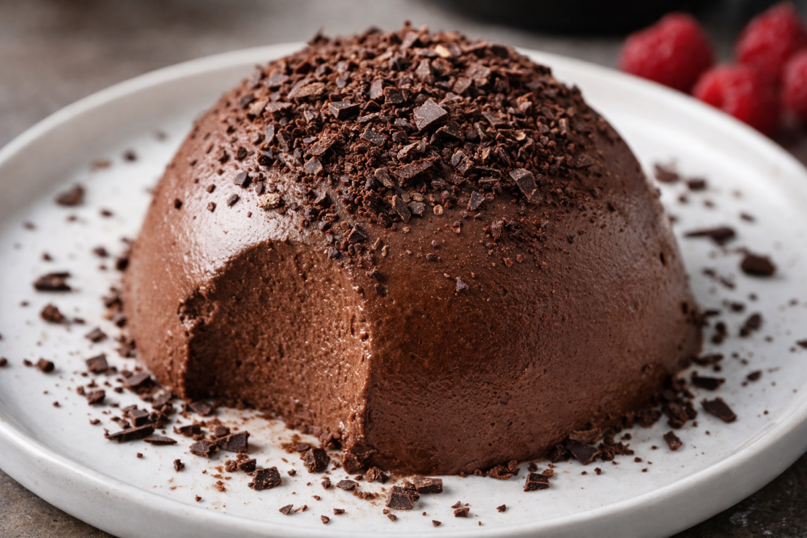Fotorealistische Schokobombe aus Mascarpone und Bitterschokolade auf einem weißen Teller, mit Schokoladenflocken bestreut, cremige Konsistenz, Dessert ohne Backen.