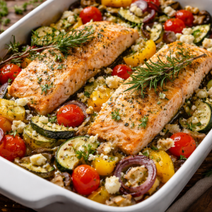 Ofengemüse mit saftigem Lachsfilet aus dem Ofen, gebackene Zucchini, Paprika, Champignons und Kirschtomaten mit Feta, Rosmarin und Zitronenwürze in einer weißen Auflaufform.