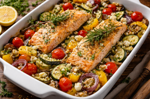 Ofengemüse mit saftigem Lachsfilet aus dem Ofen, gebackene Zucchini, Paprika, Champignons und Kirschtomaten mit Feta, Rosmarin und Zitronenwürze in einer weißen Auflaufform.