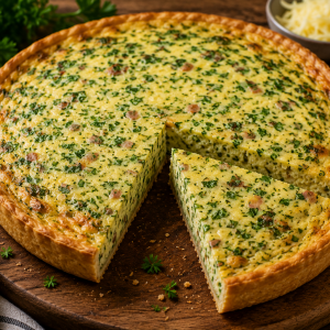 Herzhafter Petersilienkuchen mit goldbraun gebackenem Teig und saftiger Füllung aus frischer Petersilie, Eiern, Käse und Speckwürfeln, angeschnitten auf einem rustikalen Holzbrett serviert.