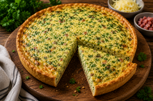 Herzhafter Petersilienkuchen mit goldbraun gebackenem Teig und saftiger Füllung aus frischer Petersilie, Eiern, Käse und Speckwürfeln, angeschnitten auf einem rustikalen Holzbrett serviert.