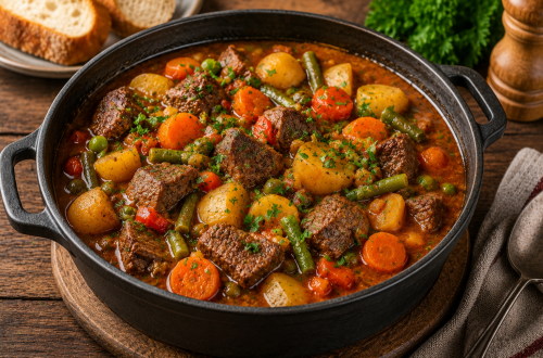 Herzhafter Pfundstopf mit zartem Rindfleisch, Kartoffeln, Karotten, Bohnen und Erbsen in einer würzigen Tomatensauce, serviert in einem rustikalen Schmortopf.