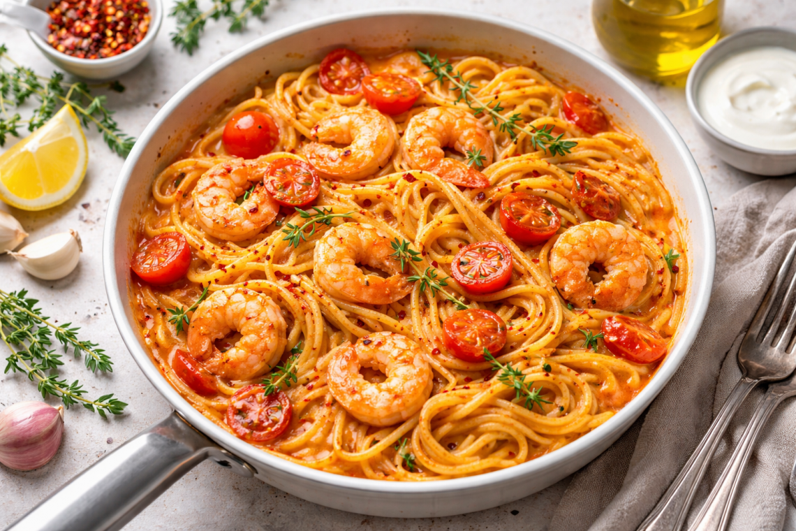 Cremige Spaghetti mit Garnelen und Kirschtomaten in einer Pfanne, verfeinert mit Thymian und Chiliflocken.