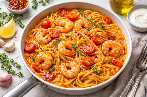 Cremige Spaghetti mit Garnelen und Kirschtomaten in einer Pfanne, verfeinert mit Thymian und Chiliflocken.
