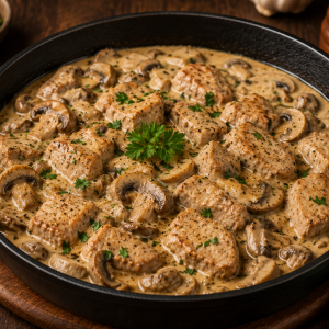 Herzhafter Filettopf mit zarten Schweinefilet-Medaillons und frischen Champignons in cremiger Rahmsauce, langsam geschmort und mit Petersilie garniert in einer rustikalen Pfanne serviert.