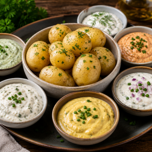 Pellkartoffeln mit sechs verschiedenen hausgemachten Saucen, darunter Kräuter-, Knoblauch- und Currydips, auf einer rustikalen Servierplatte mit frischen Kräutern angerichtet.