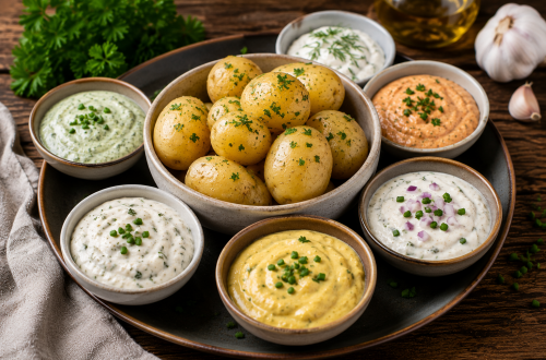 Pellkartoffeln mit sechs verschiedenen hausgemachten Saucen, darunter Kräuter-, Knoblauch- und Currydips, auf einer rustikalen Servierplatte mit frischen Kräutern angerichtet.