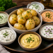 Pellkartoffeln mit sechs verschiedenen hausgemachten Saucen, darunter Kräuter-, Knoblauch- und Currydips, auf einer rustikalen Servierplatte mit frischen Kräutern angerichtet.