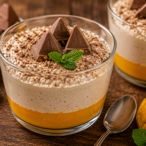 Cremige Toblerone-Mousse auf fruchtigem Mangopüree im Dessertglas, garniert mit Toblerone-Stückchen, Schokoladenraspeln und frischer Minze auf rustikalem Holztisch.