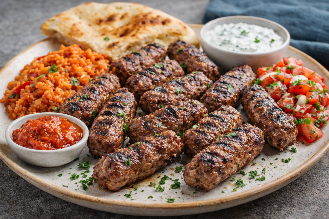 Saftig gebratene Cevapcici aus gemischtem Hackfleisch, goldbraun gebräunt und angerichtet auf einem Teller mit Djuvec Reis, Ajvar, Fladenbrot, Kräuterjoghurt und frischem Tomaten-Zwiebel-Salat.