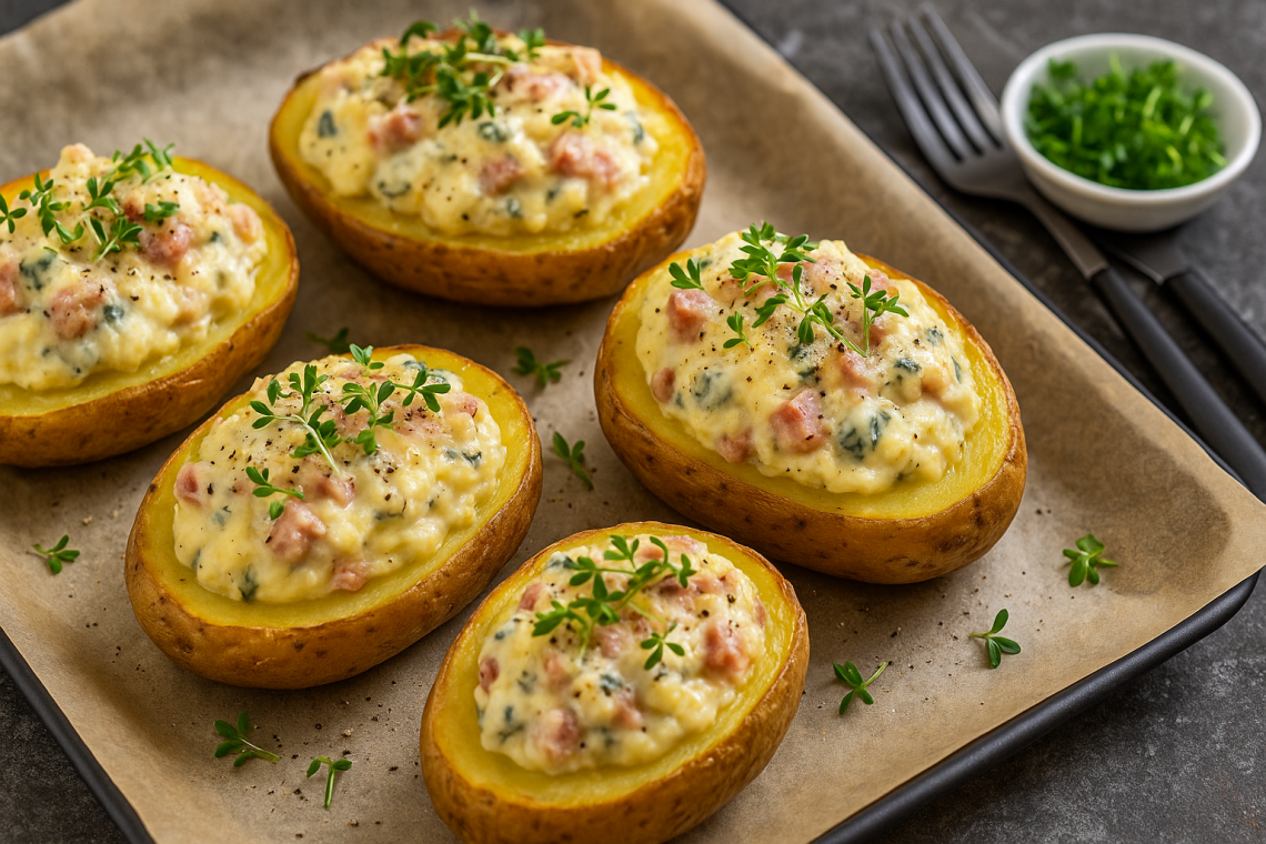 Gefüllte Ofenkartoffeln mit cremiger Frischkäse-Gorgonzola-Schinken-Füllung, goldbraun überbacken und mit frischer Kresse auf einem Backblech serviert.