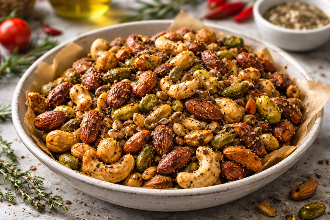 Knusprig geröstete Würznüsse aus dem Ofen mit Mandeln, Cashewkernen, Pistazien, Macadamianüssen und Pinienkernen, gewürzt mit Kräutern und Chili, serviert in einer rustikalen Schale.