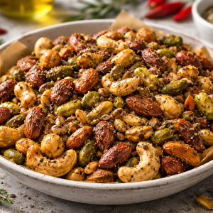 Knusprig geröstete Würznüsse aus dem Ofen mit Mandeln, Cashewkernen, Pistazien, Macadamianüssen und Pinienkernen, gewürzt mit Kräutern und Chili, serviert in einer rustikalen Schale.