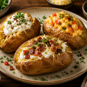 Gefüllte Ofenkartoffeln mit knuspriger Schale, cremiger Kartoffelfüllung, Käse, Sour Cream und knusprigem Bacon, serviert auf einem rustikalen Teller mit frischen Kräutern.