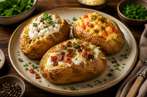 Gefüllte Ofenkartoffeln mit knuspriger Schale, cremiger Kartoffelfüllung, Käse, Sour Cream und knusprigem Bacon, serviert auf einem rustikalen Teller mit frischen Kräutern.
