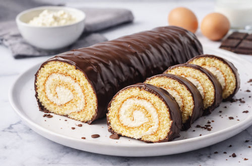 Fotorealistische Creme-Biskuitrolle mit Milchcreme-Füllung, umhüllt von glänzendem Vollmilchschokoladenmantel, in Scheiben geschnitten auf einem weißen Teller, heller Hintergrund, natürliches Licht.