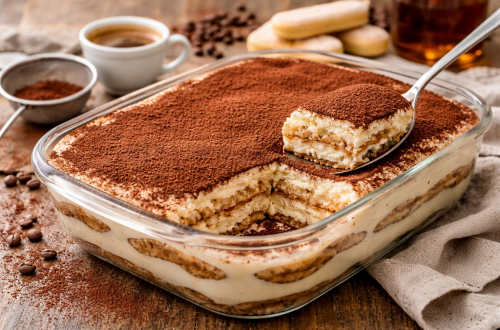 Cremiges klassisches Tiramisu in einer Glasform, geschichtet aus Mascarponecreme und in Espresso getränkten Löffelbiskuits, mit Kakao bestäubt, serviert auf rustikalem