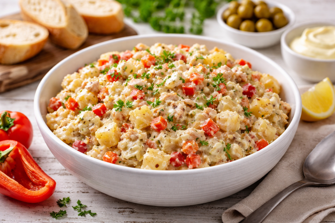 Cremige Ensaladilla in einer Schüssel – spanischer Brotaufstrich mit Kartoffeln und Thunfisch, Paprika, Karotten, Ei und Mayonnaise, serviert auf rustikalem Tisch im Querformat.