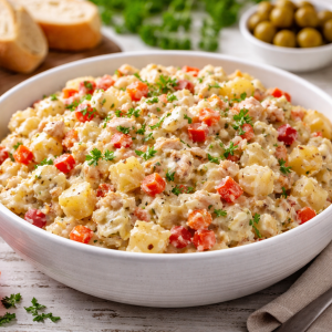 Cremige Ensaladilla in einer Schüssel – spanischer Brotaufstrich mit Kartoffeln und Thunfisch, Paprika, Karotten, Ei und Mayonnaise, serviert auf rustikalem Tisch im Querformat.