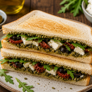 Knusprig getoastetes Feta-Sandwich mit würzigem Olivenpesto, cremigem Feta, getrockneten Tomaten, schwarzen Oliven und frischem Rucola, serviert auf einem rustikalen Teller.