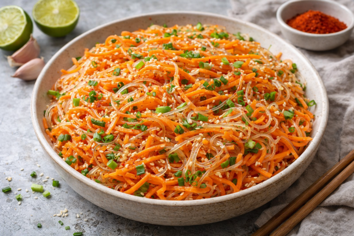 Karottensalat mit Glasnudeln in einer Schale, fein gehobelte Karottenstreifen mit Glasnudeln, Sesam und Frühlingszwiebeln auf hellem Untergrund angerichtet
